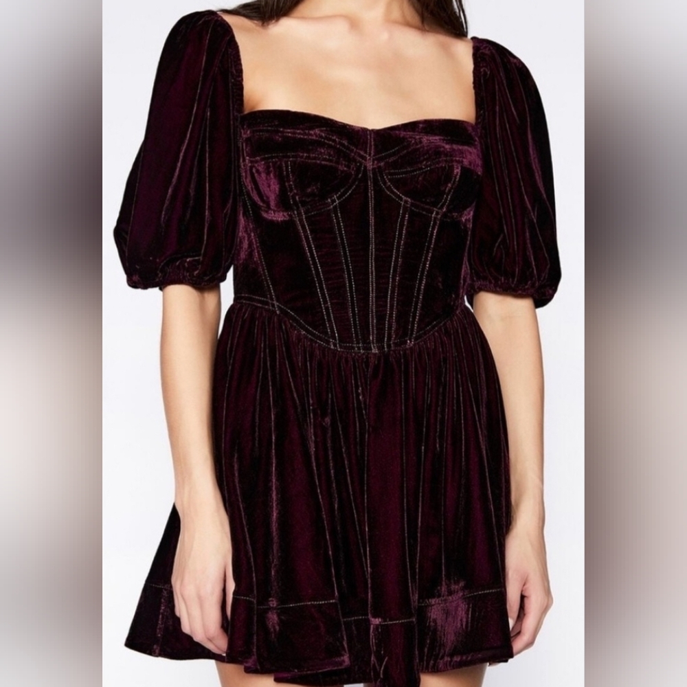 Altar'd State Velour Corset Lined Mini Dress W/Puffed Sleeves- Size Med Purple